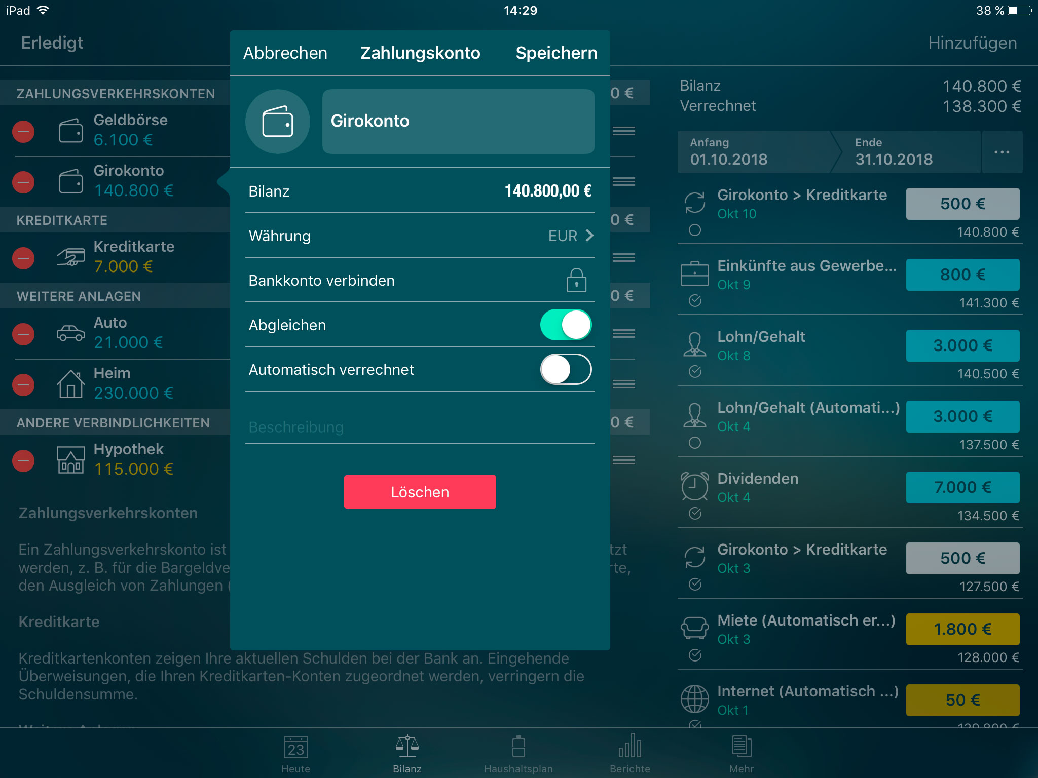 Money Pro - Konten - Kontodetails - iPad