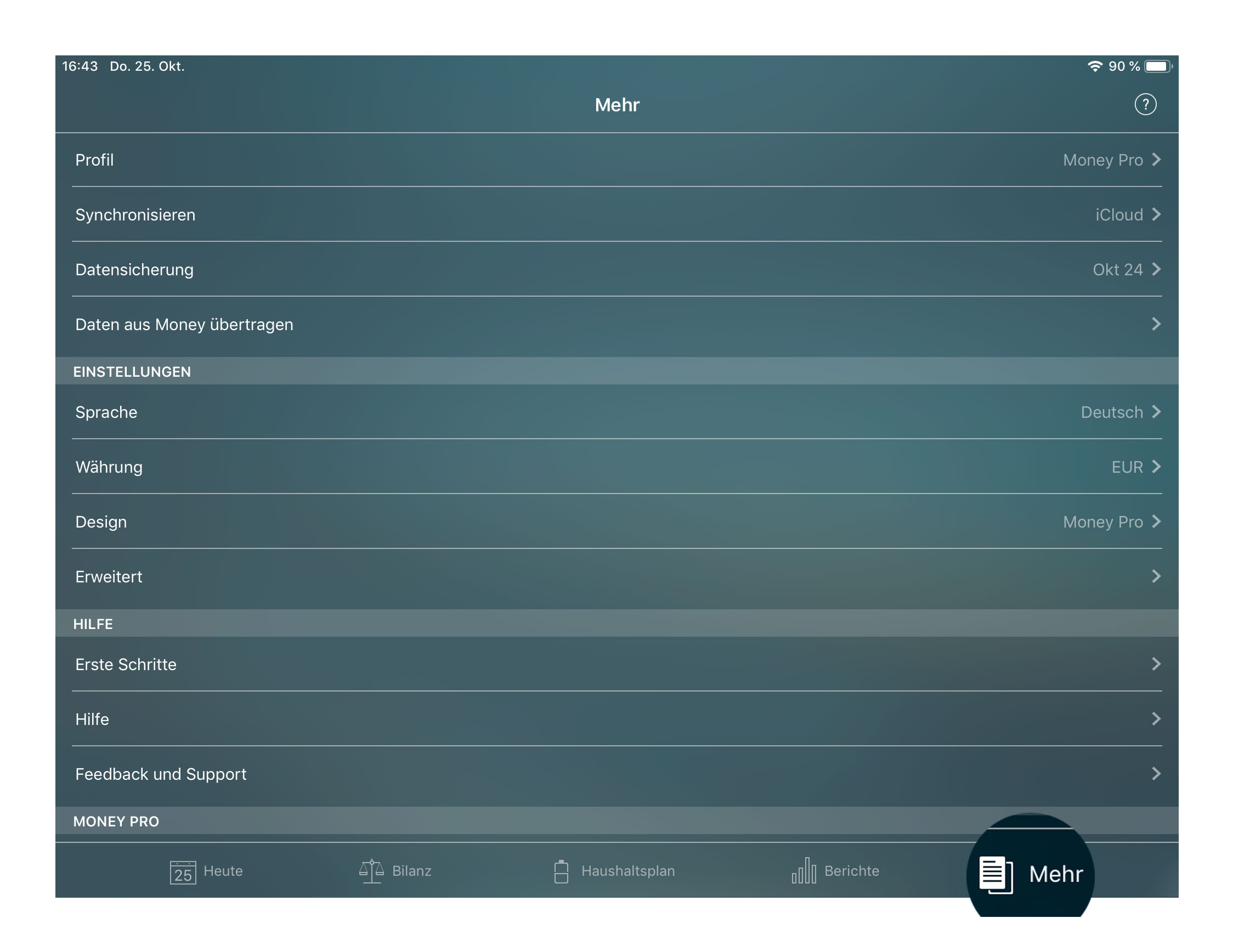 Money Pro - Mehr (Sicherungsdatei, Profile, Synchronisierung) - iPhone
