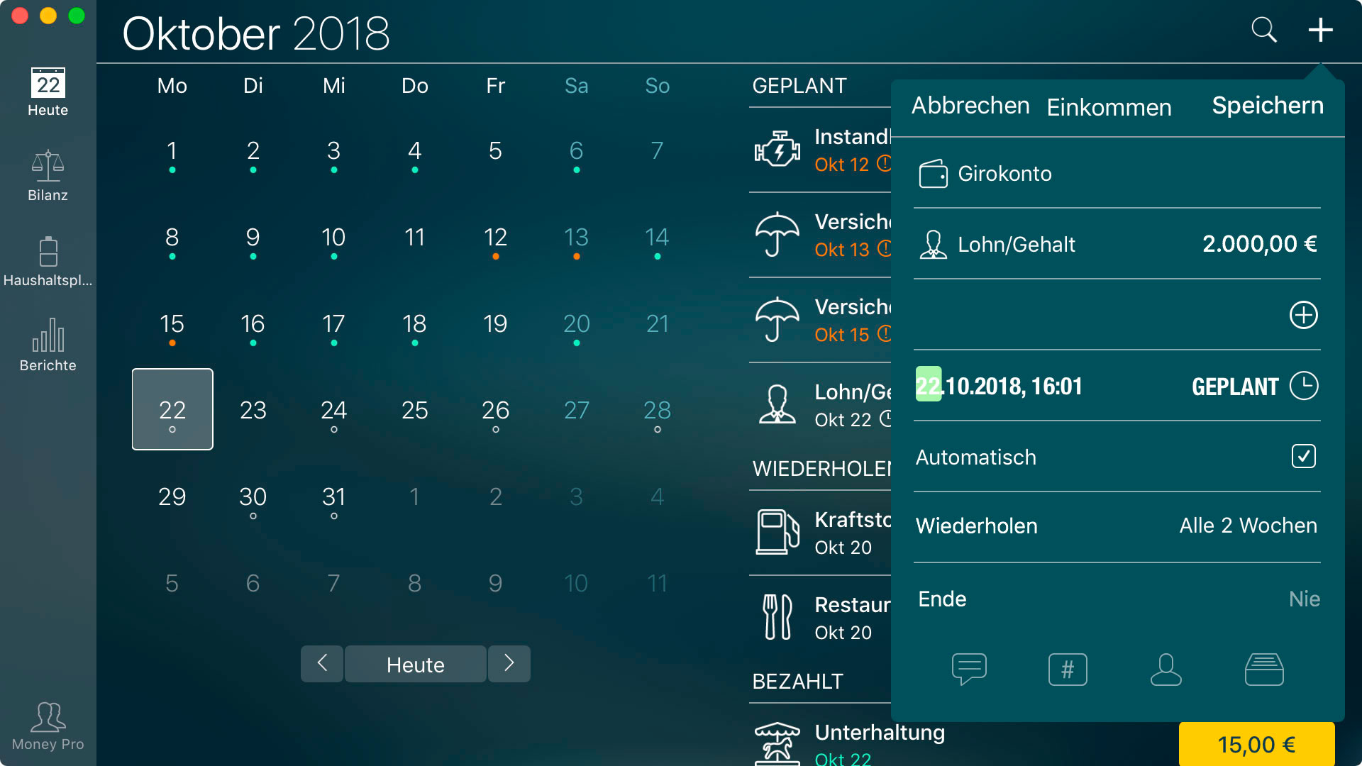 Money Pro - Geplante und wiederkehrende Transaktionen - Mac