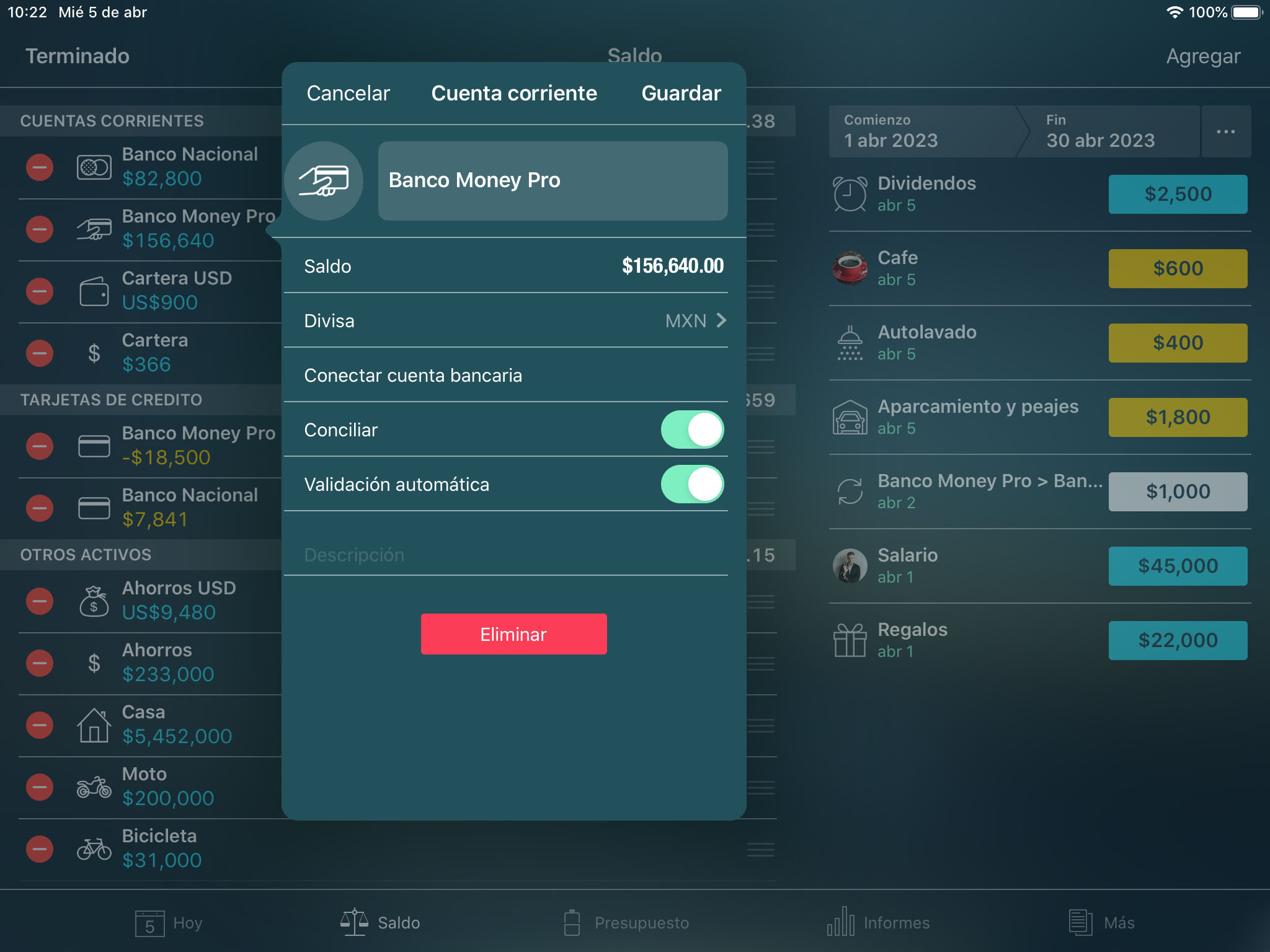 Money Pro - Cuentas (Saldo) - Datos - iPad