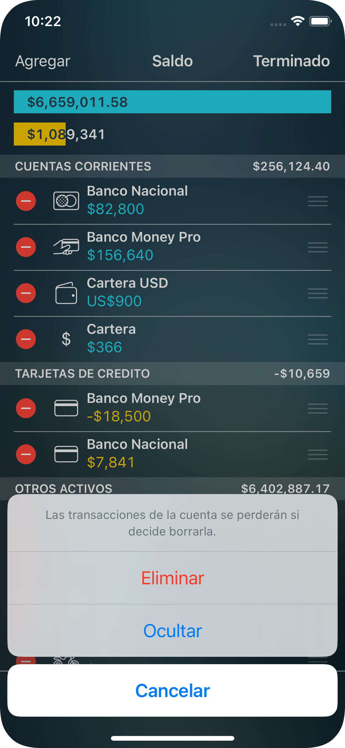 Money Pro - Eliminación de una cuenta - iPhone