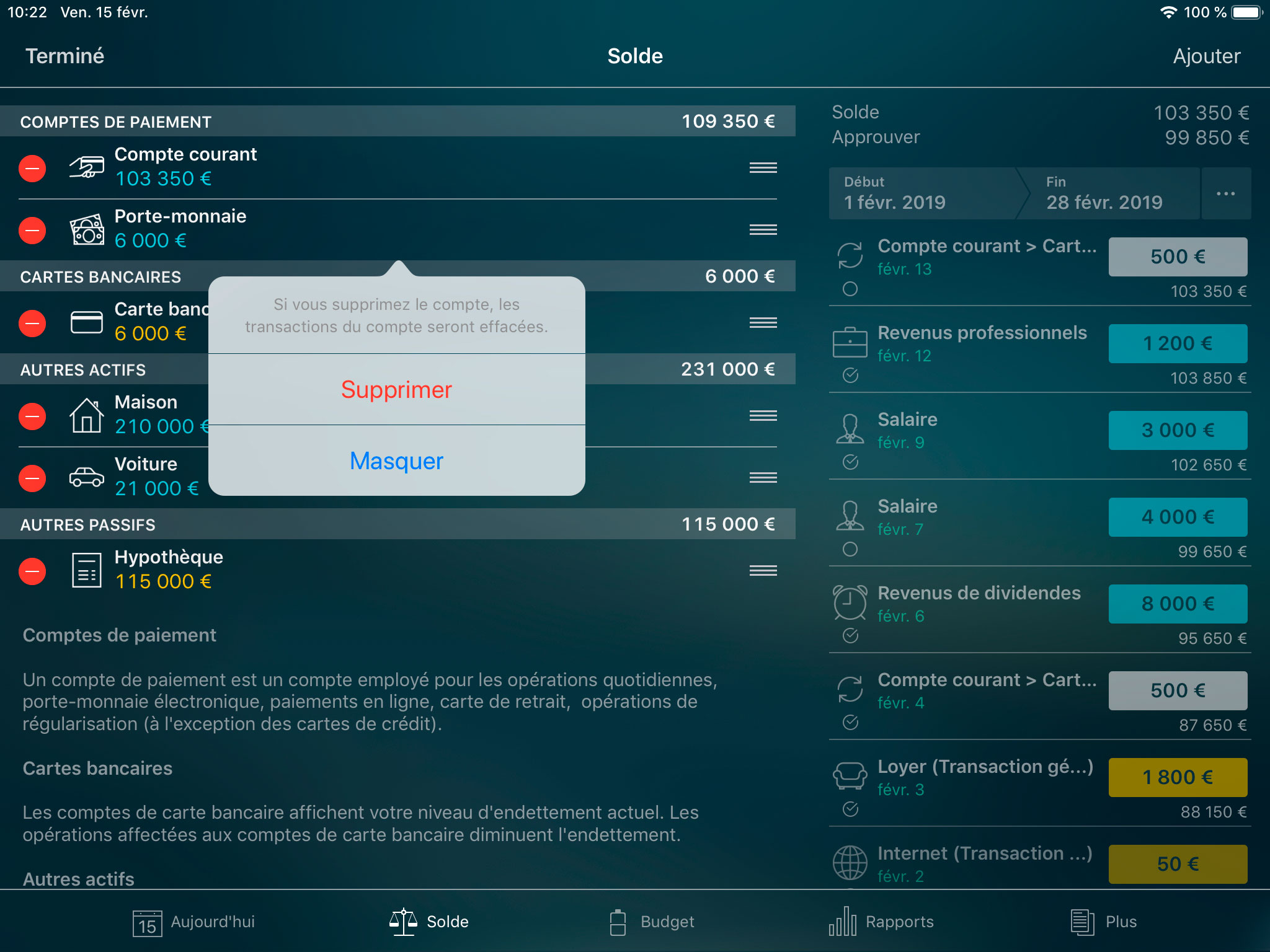 Money Pro - Supprimer un compte - iPad