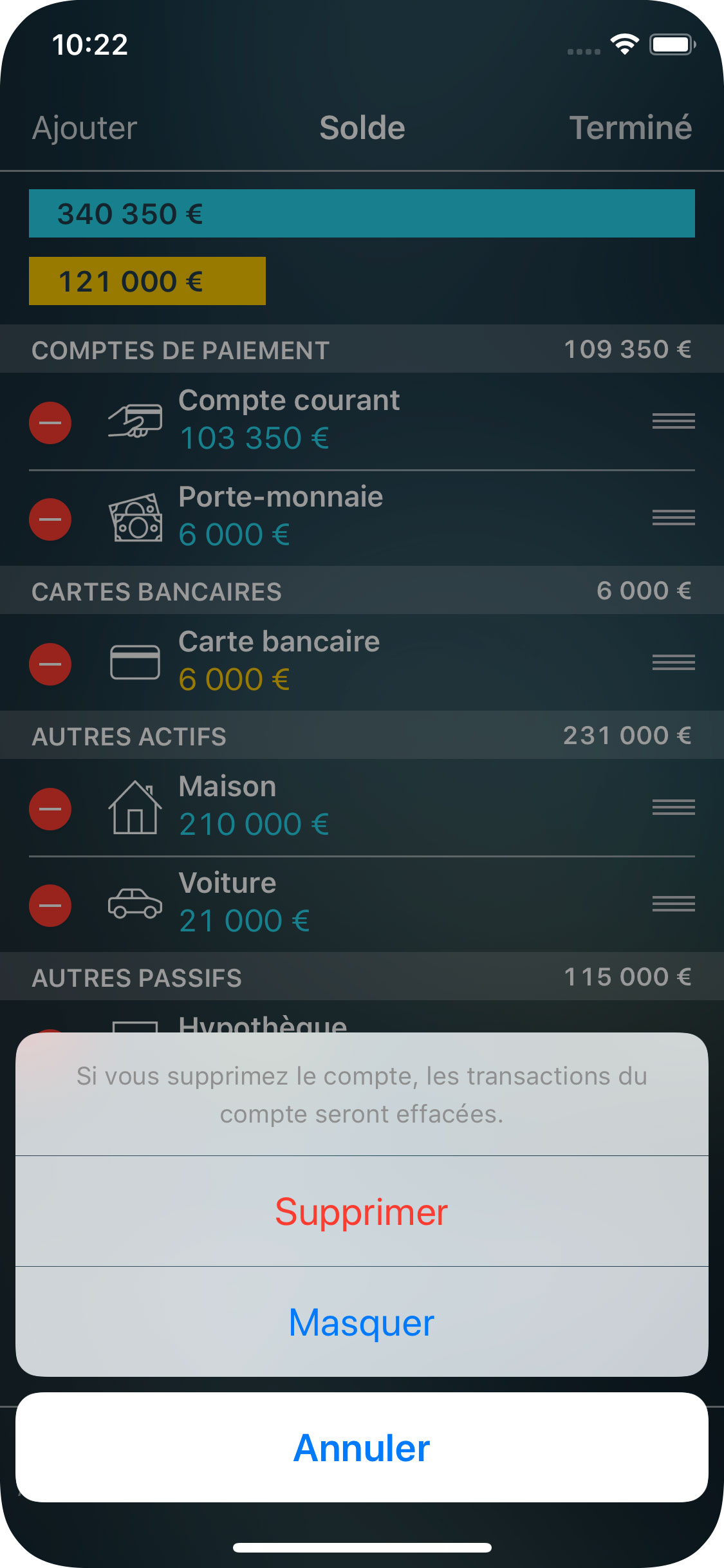 Money Pro - Supprimer un compte - iPhone