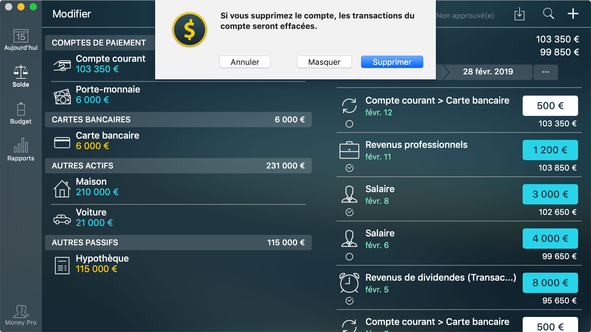 Money Pro - Supprimer un compte - Mac