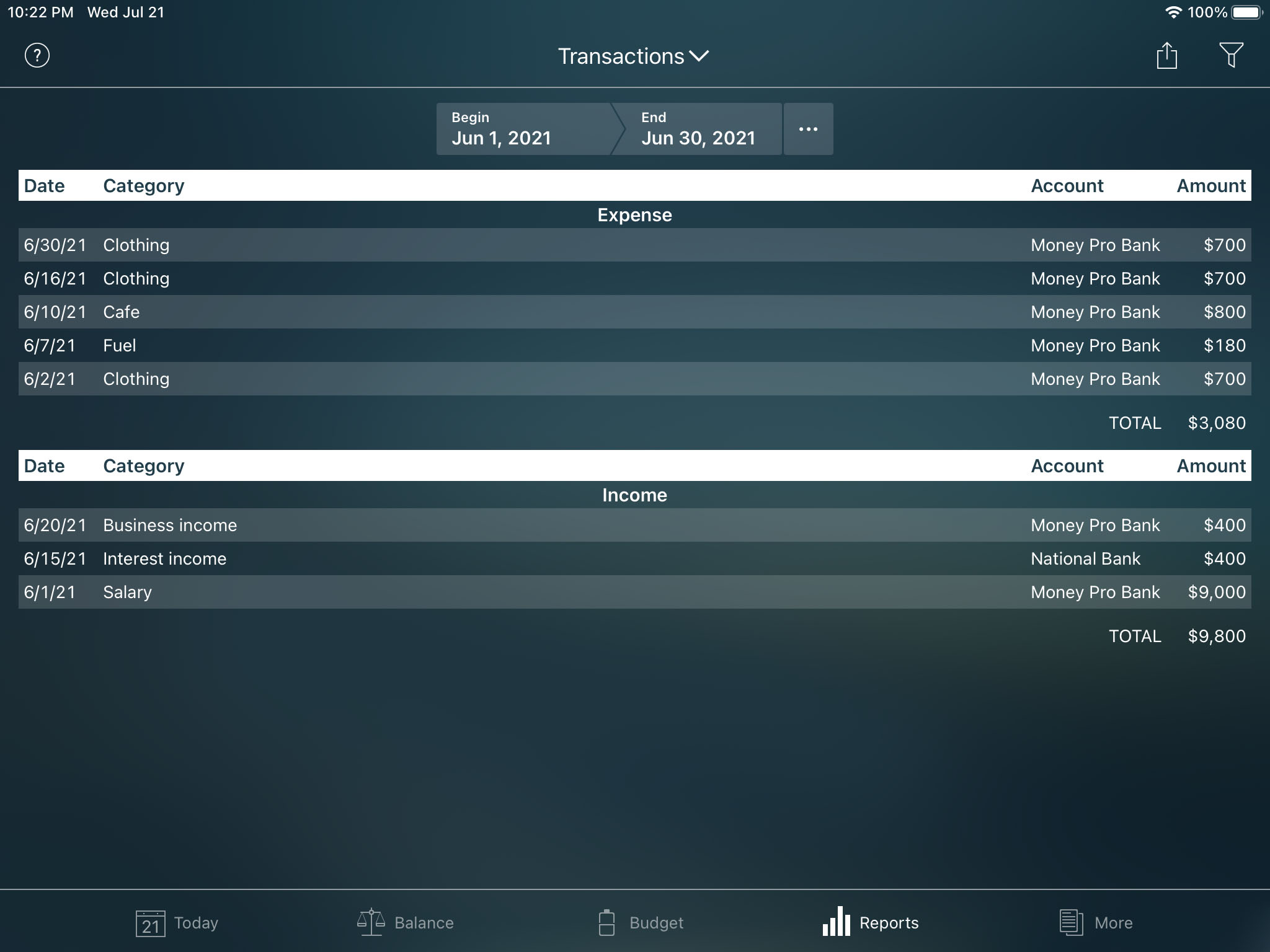 Money Pro - Transactions report - iPad