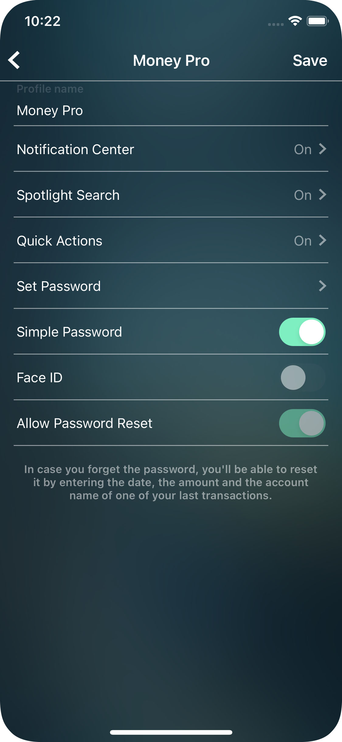 Money Pro - Password protection - iPhone