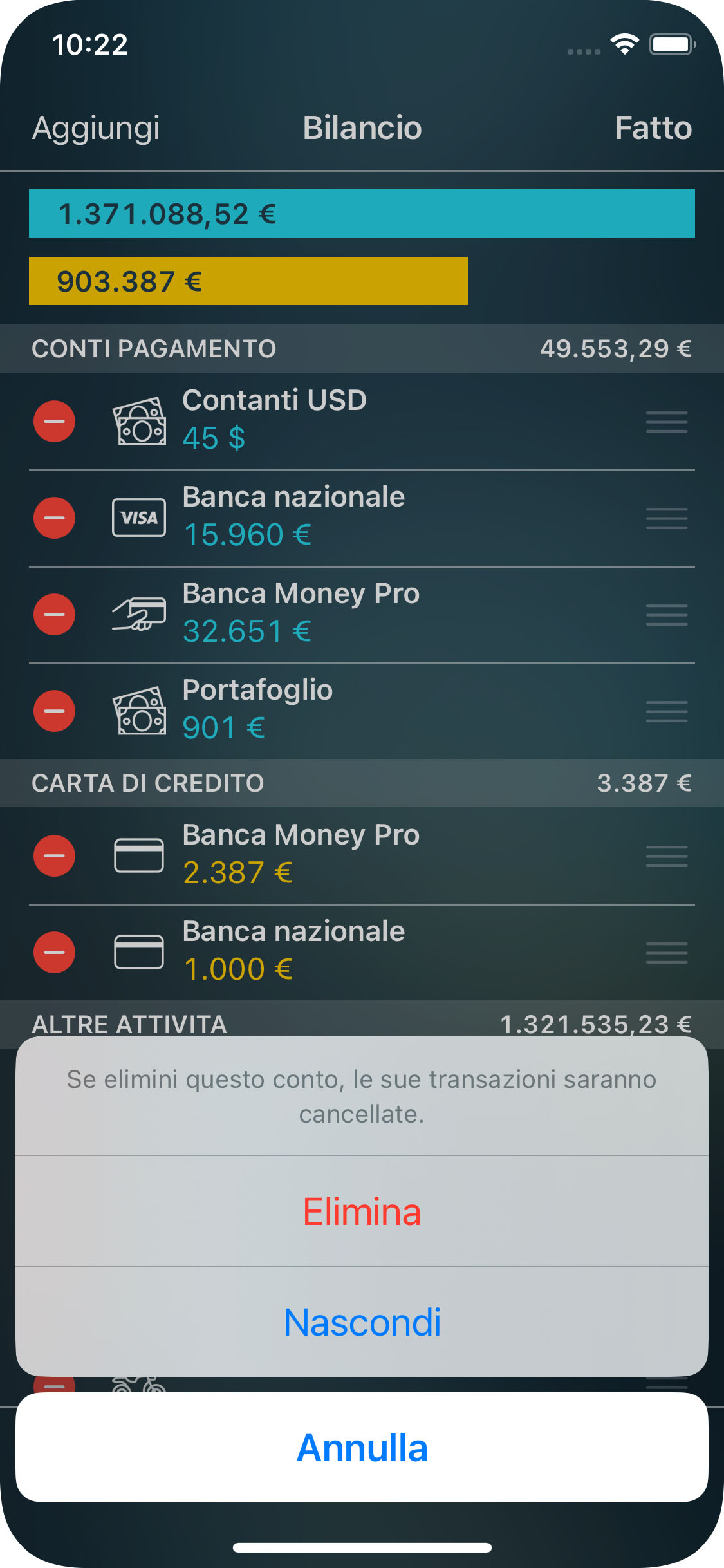 Money Pro - Eliminazione di un conto - iPhone
