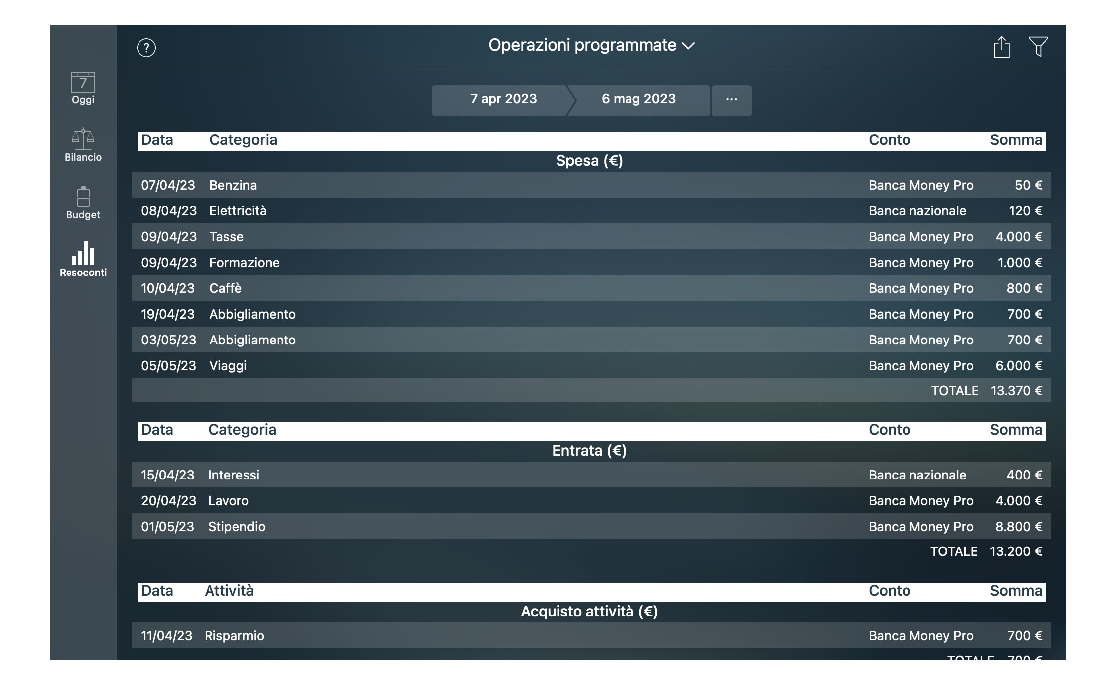 Money Pro - Resoconto Operazioni programmate - Mac