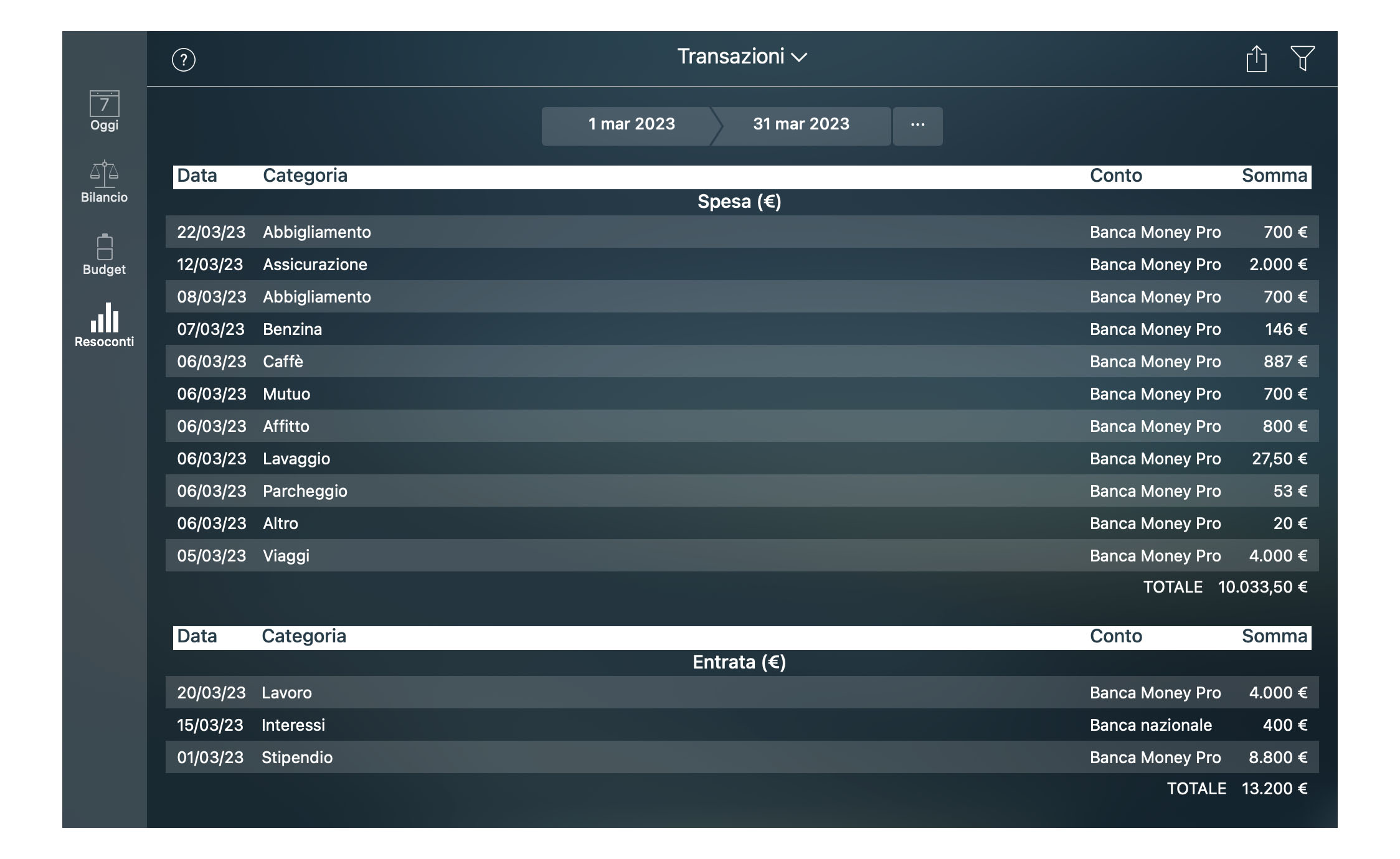 Money Pro - Resoconto Transazioni - Mac