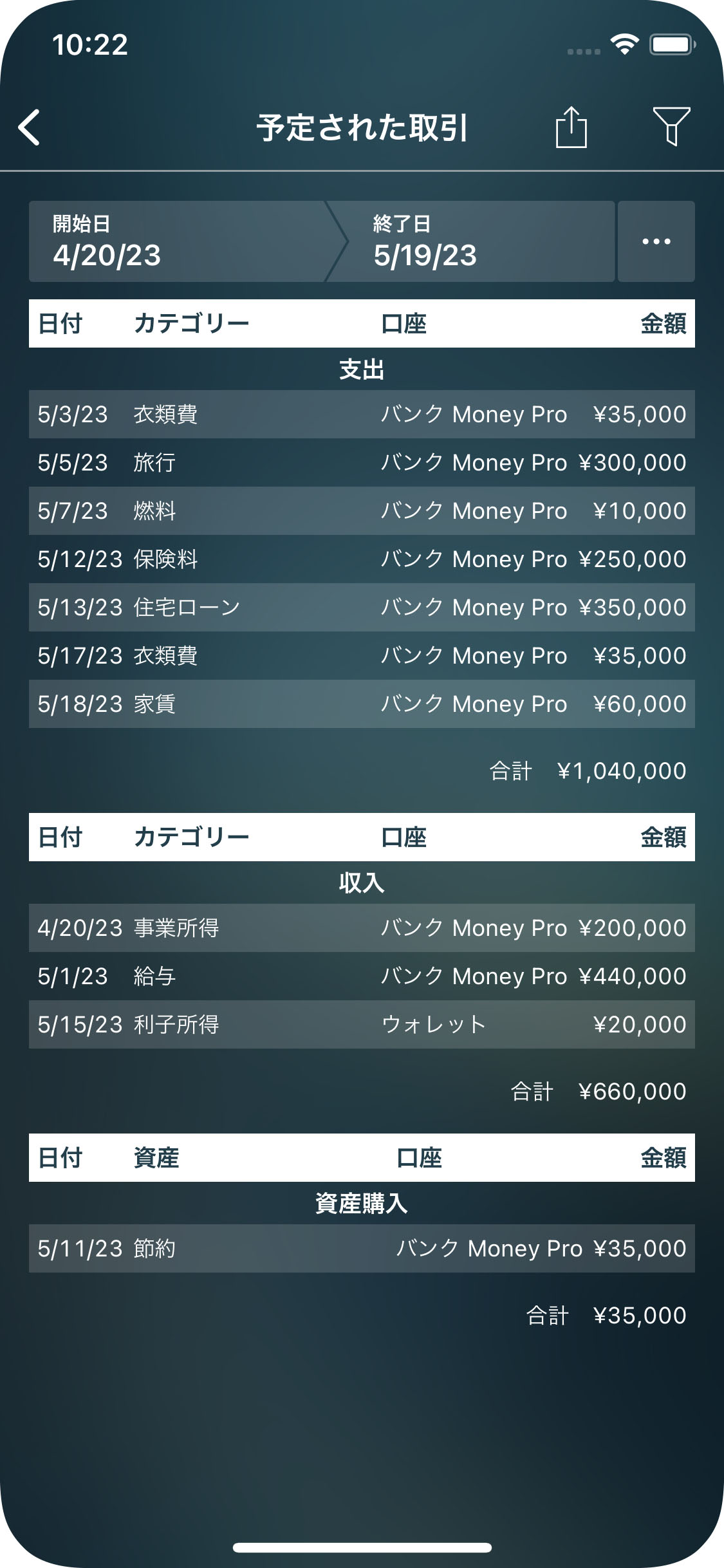 Money Pro - 予定された取引レポート - iPhone