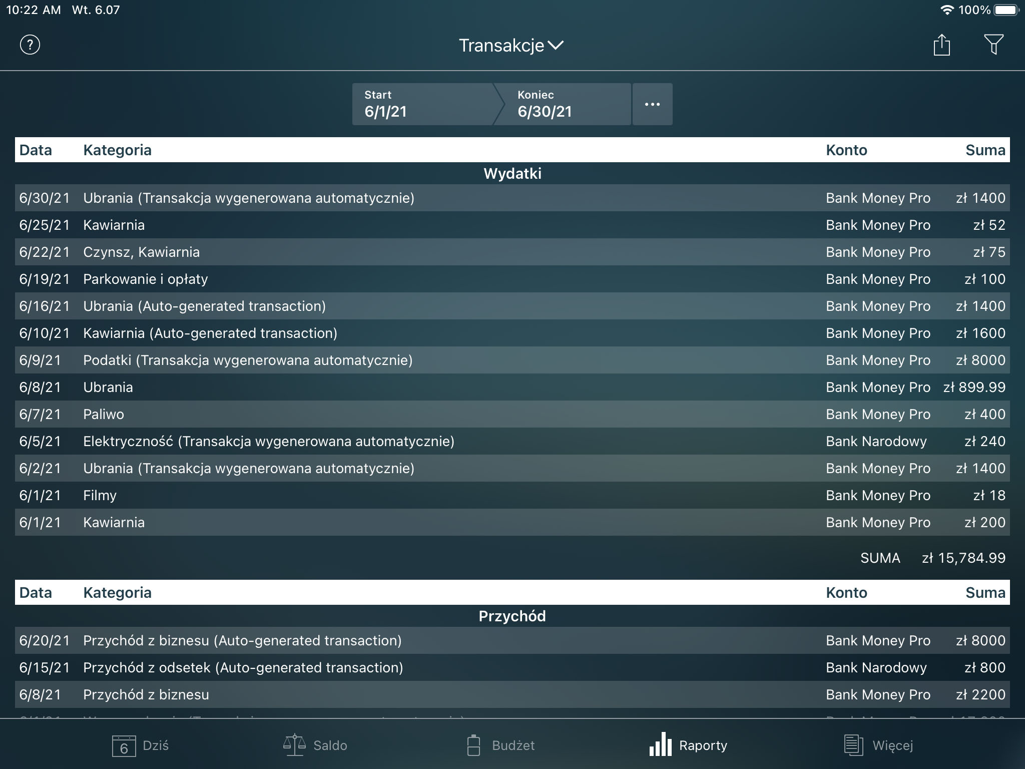 Money Pro - Raport Transakcje - iPad