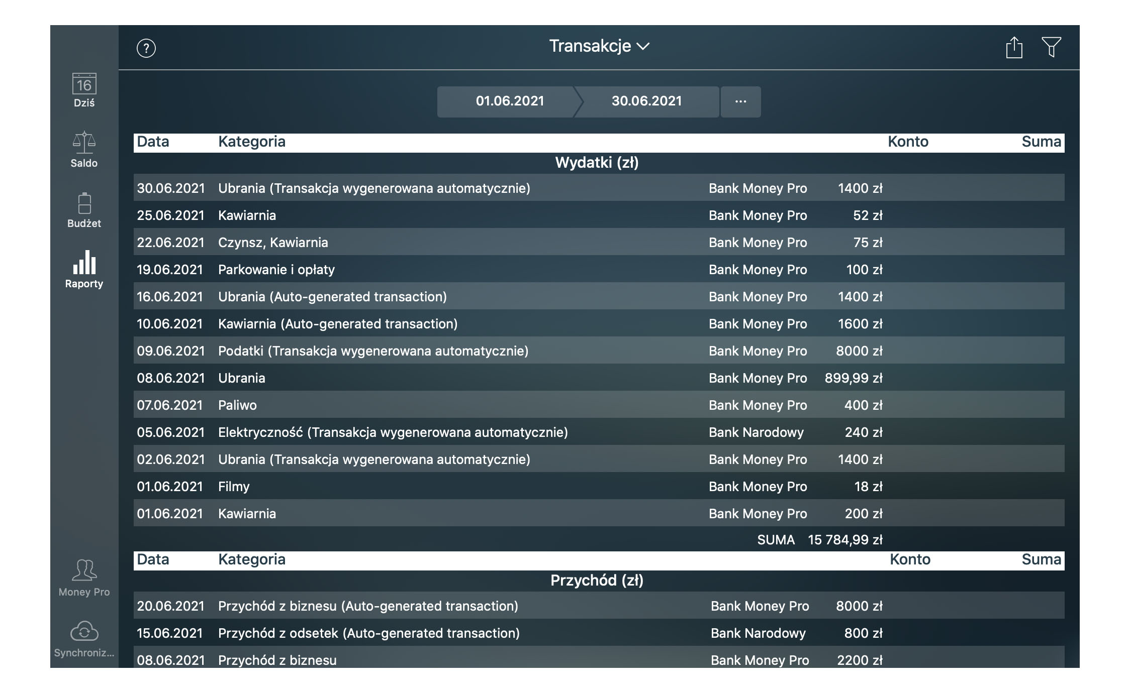 Money Pro - Raport Transakcje - Mac