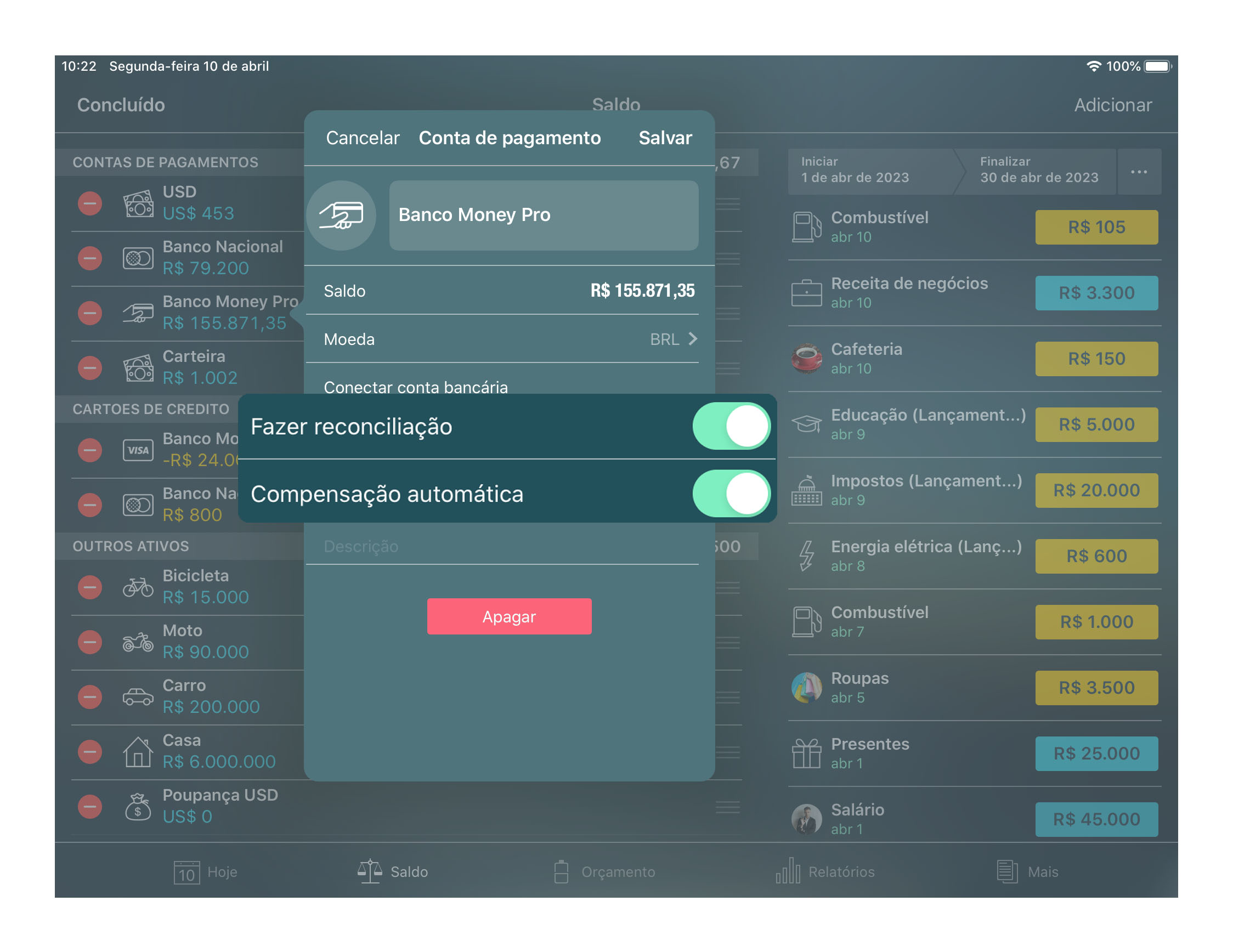 Money Pro - Conciliação de conta - iPad