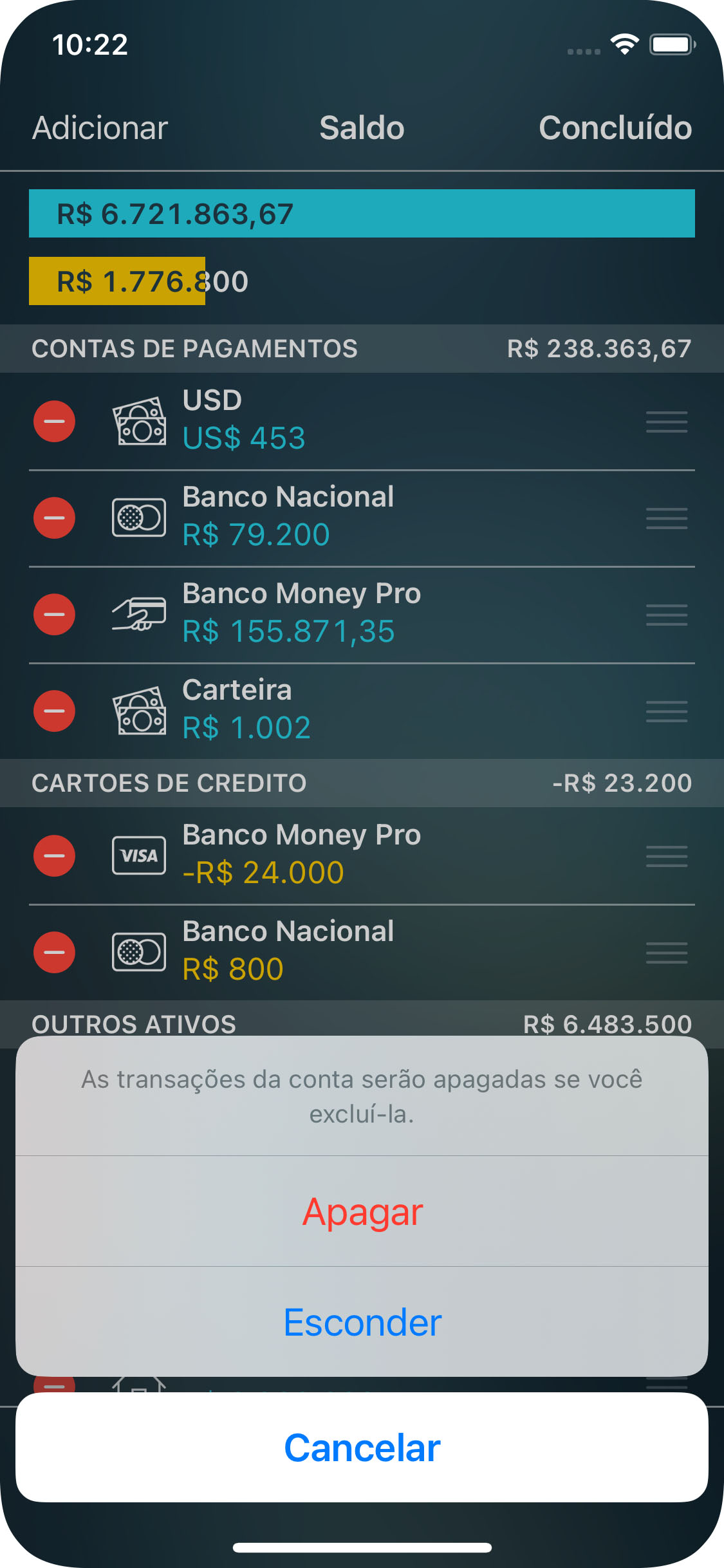 Money Pro - Como excluir uma conta - iPhone