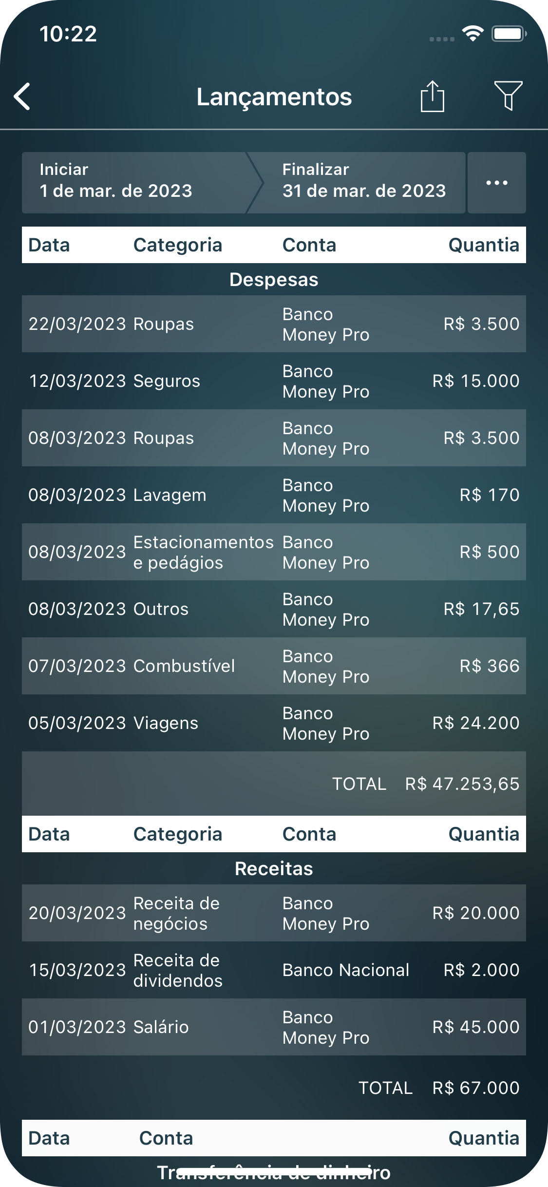 Money Pro - Relatório de transações - iPhone