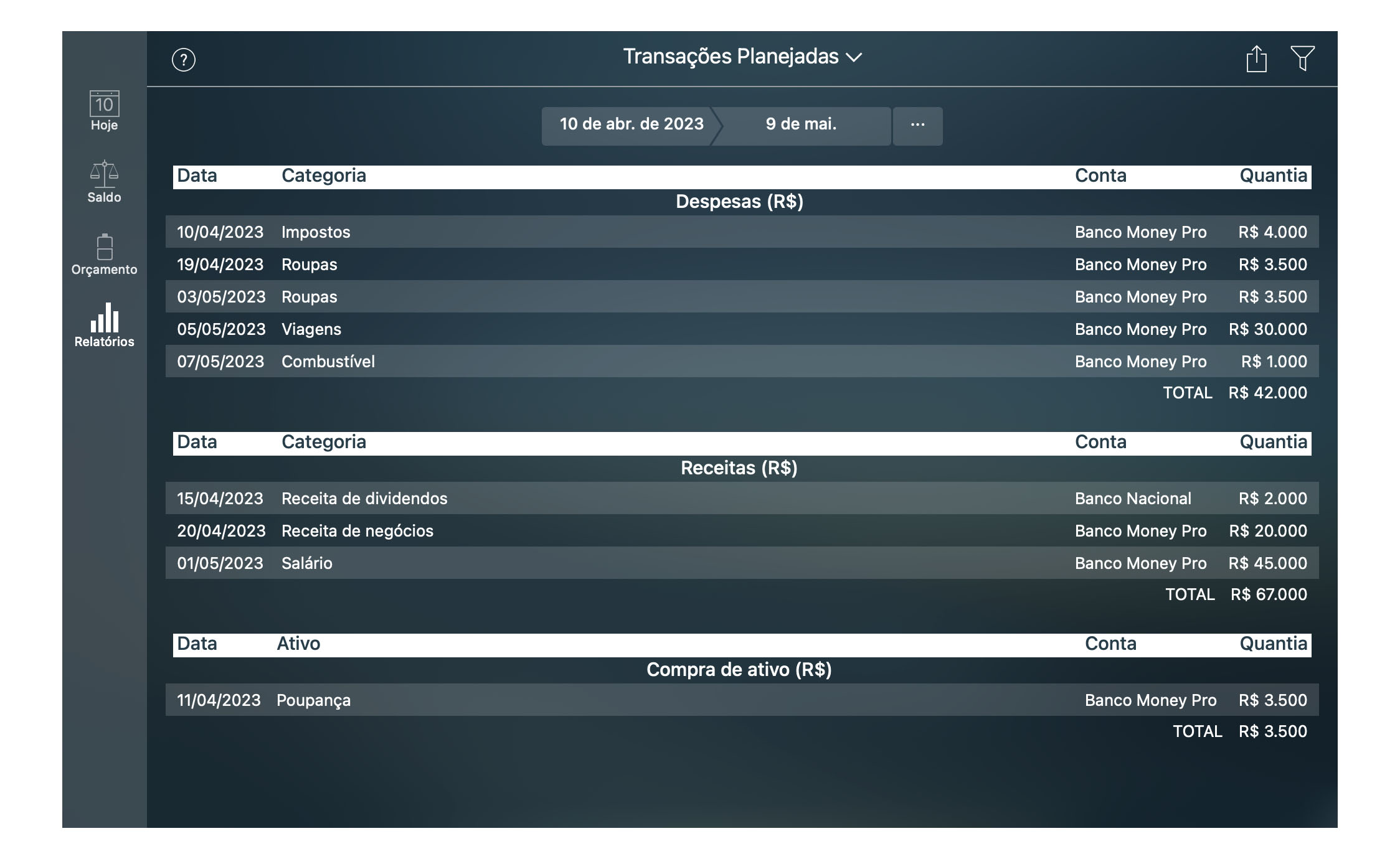 Money Pro - Relatório de Transações Planejadas - Mac