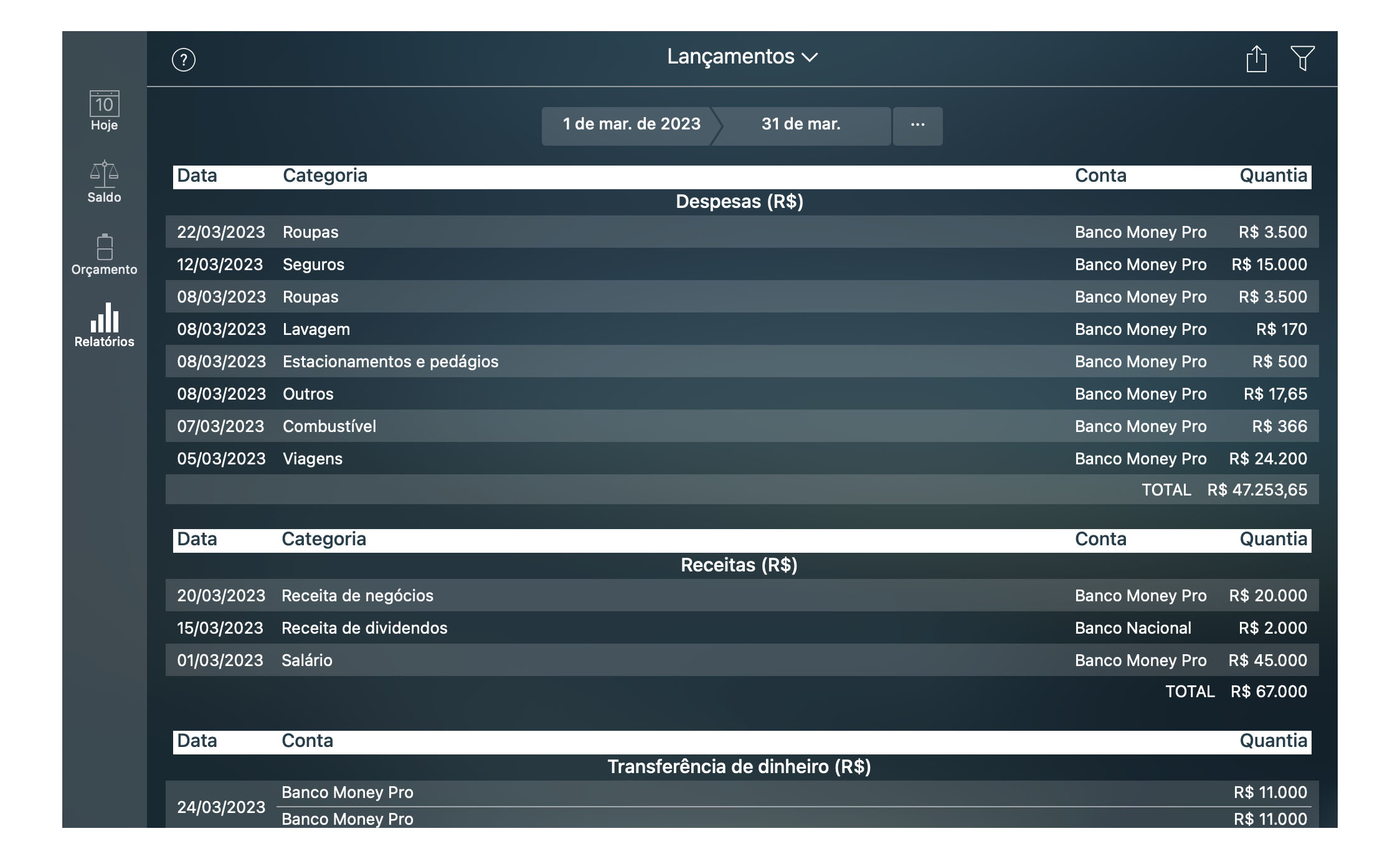 Money Pro - Relatório de transações - Mac