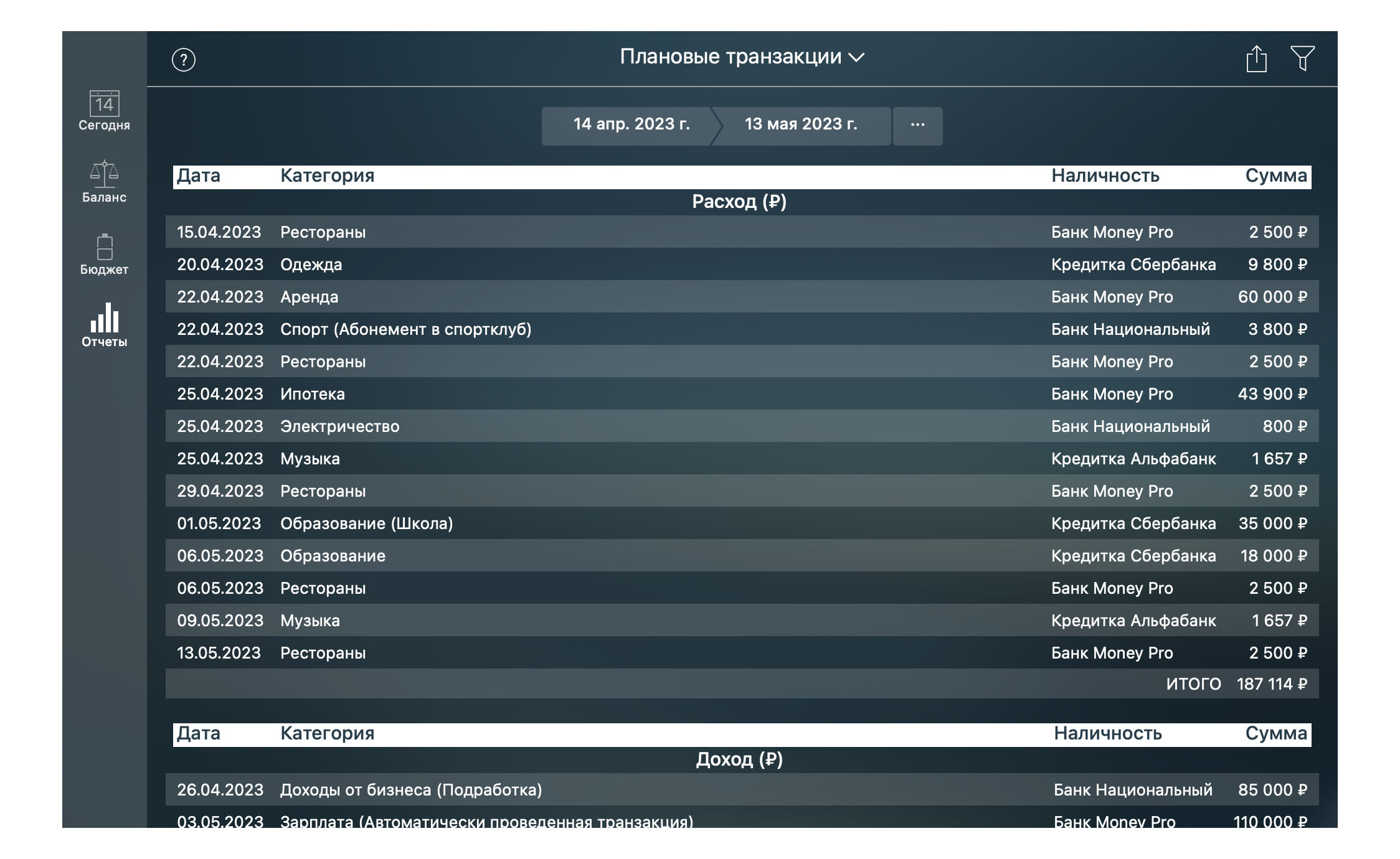 Money Pro - Отчёт ”Плановые транзакции” - Mac